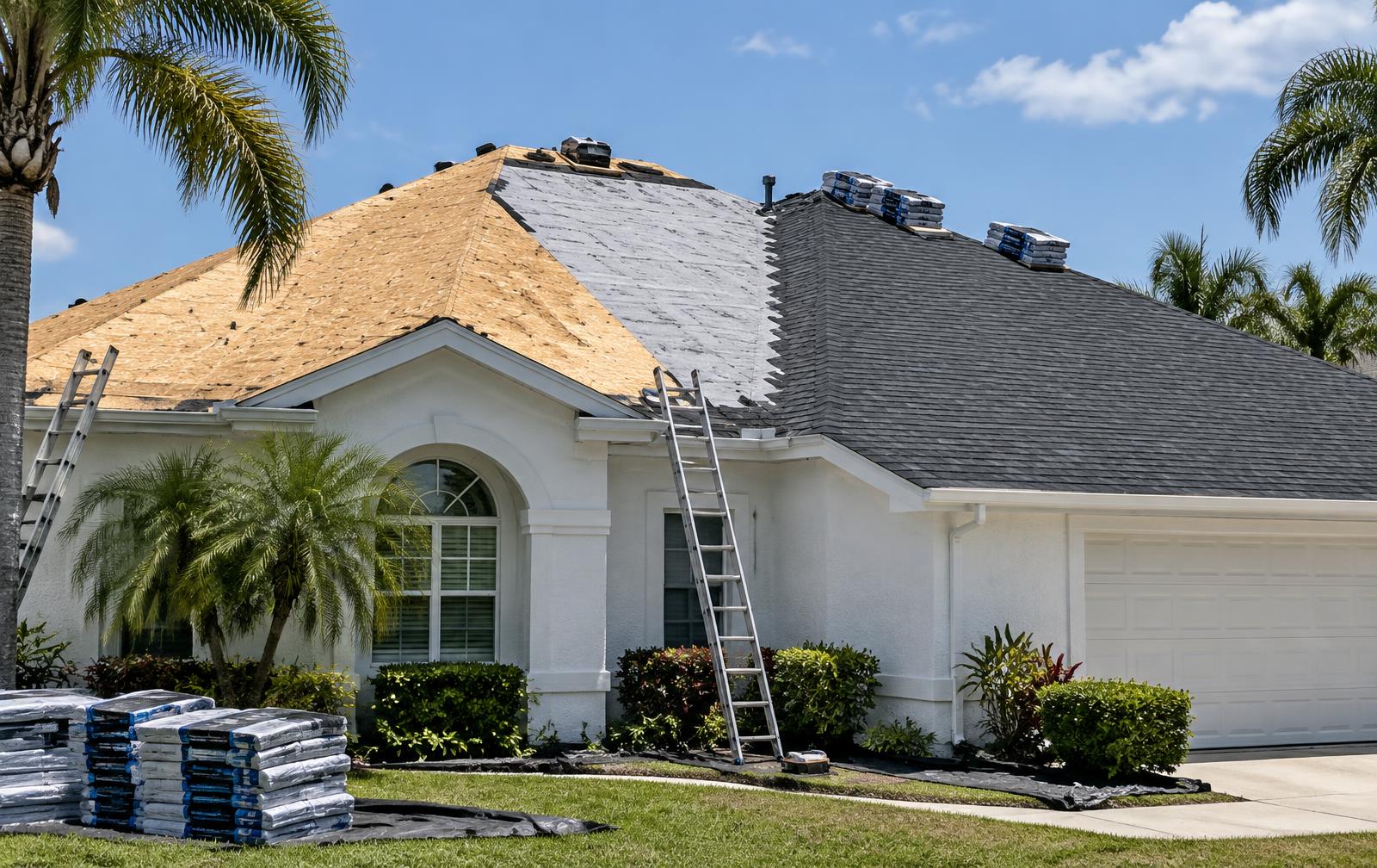 Florida home mid roof replacement with stripped deck, new underlayment and new shingles on separate slopes